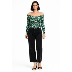 AFRM Los Angeles Floral Off Shoulder Long-Sleeve Mesh‎ Ruched Top Size S